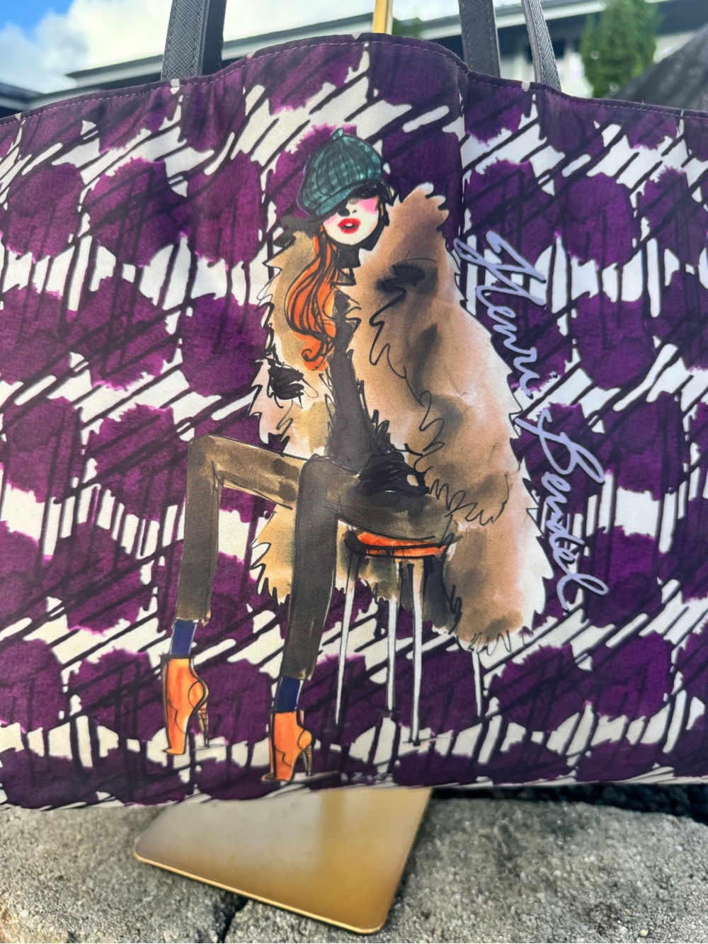 Henri Bendel NYC Graphic Tote Purple Print Fashion Illustration Shopper Bag - Picture 3 of 10